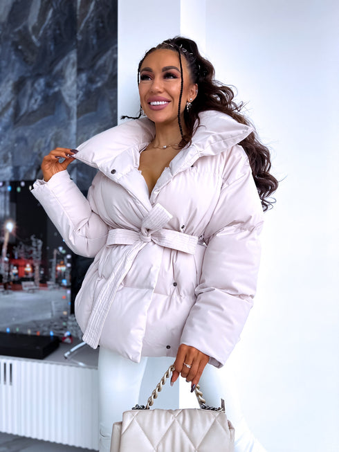 Puffy, short jacket with tie belt - light beige